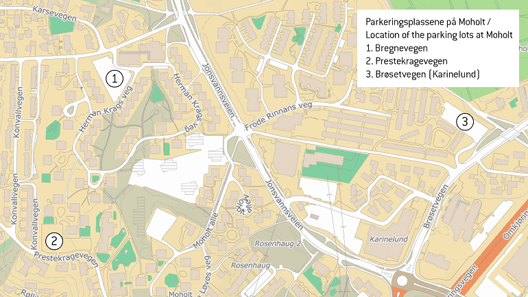 Kart over parkeringsplasser på Moholt-området